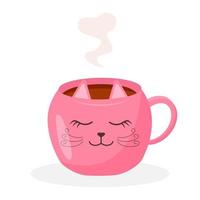 tè boccale con vapore. rosa tazza nel il forma di un' gatto. carino caldo bevanda isolato su bianca sfondo. vettore