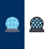 edificio Canada città cupola icone piatto e linea pieno icona impostato vettore blu sfondo