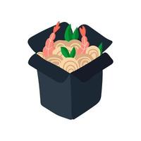 asiatico cibo wok tagliatelle con gamberetti nel un' scatola. vettore illustrazione