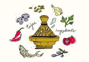 Illustrazione disegnata a mano di vettore degli ingredienti alimentari tradizionali di Tajine