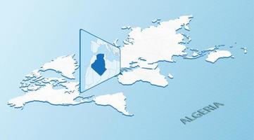 mondo carta geografica nel isometrico stile con dettagliato carta geografica di Algeria. leggero blu algeria carta geografica con astratto mondo carta geografica. vettore