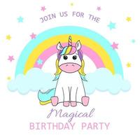 compleanno festa invito con un' bambino unicorno. vettore illustrazione su bianca sfondo