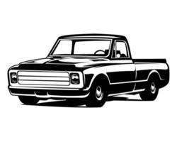 classico Vintage ▾ camion trasporto vettore arte logo isolato su bianca sfondo mostrando a partire dal lato. migliore per il autotrasporti azienda industria.