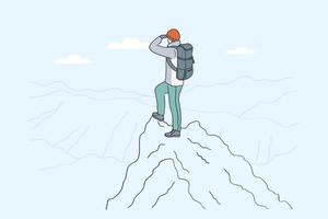 escursioni a piedi su montagne, zaino in spalla, in viaggio concetto. giovane viaggiatore escursionista cartone animato personaggio in piedi indietro su picco di montagne godendo grande paesaggio Visualizza solo vettore illustrazione
