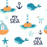 blu balena nel il mare carino cartone animato sfondo senza soluzione di continuità modello il design Usato per tessile, capi di abbigliamento modello, Stampa, sfondo, vettore illustrazione.
