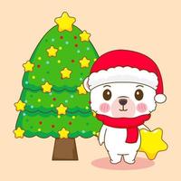 mano disegnato carino polare orso indossa Santa cappello con Natale albero cartone animato. kawaii animale carattere. allegro Natale saluti carta vettore