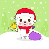 mano disegnato carino polare orso indossa Santa cappello con campana e presente Natale stagione cartone animato. kawaii animale carattere. allegro Natale saluti carta vettore