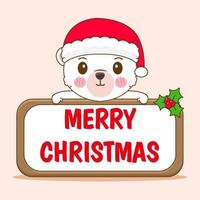 mano disegnato carino polare orso nel Santa costume con saluto tavola Natale stagione cartone animato. kawaii animale carattere. allegro Natale saluti carta vettore