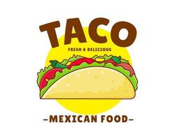 taco con carne e verdura. tradizionale latino americano messicano Fast food. tacos logo icona etichetta cibo concetto. Vintage ▾ retrò piatto cartone animato stile. vettore