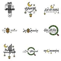 eid mubarak calligrafia imballare di 9 saluto messaggi sospeso stelle e Luna su isolato bianca sfondo religioso musulmano vacanza vettore