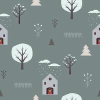 inverno modello per involucro carta con carino case e alberi vettore