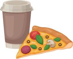 Pizza. Pizza con un' bicchiere di caffè. un' tagliare fetta di Pizza e un' caldo bere. veloce cibo. vettore illustrazione isolato su un' bianca sfondo