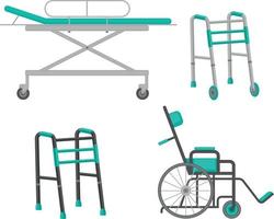 un' impostato con il Immagine di medico, ortopedico Accessori, come come un' medico sedia a rotelle, un' sedia a rotelle e un' camminatore. vettore illustrazione