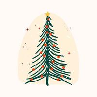 decorato Natale albero con Natale palle e stelle mano disegnato piatto illustrazione su bianca sfondo vettore