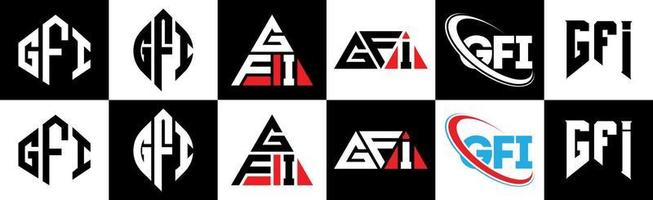 gfi lettera logo design nel sei stile. gfi poligono, cerchio, triangolo, esagono, piatto e semplice stile con nero e bianca colore variazione lettera logo impostato nel uno tavola da disegno. gfi minimalista e classico logo vettore