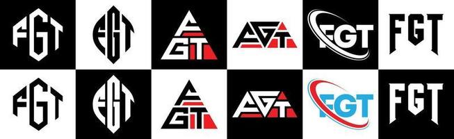 fgt lettera logo design nel sei stile. fgt poligono, cerchio, triangolo, esagono, piatto e semplice stile con nero e bianca colore variazione lettera logo impostato nel uno tavola da disegno. fgt minimalista e classico logo vettore