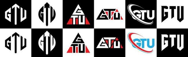 gtu lettera logo design nel sei stile. gtu poligono, cerchio, triangolo, esagono, piatto e semplice stile con nero e bianca colore variazione lettera logo impostato nel uno tavola da disegno. gtu minimalista e classico logo vettore