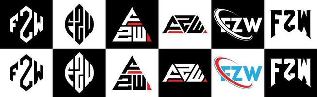 fzw lettera logo design nel sei stile. fzw poligono, cerchio, triangolo, esagono, piatto e semplice stile con nero e bianca colore variazione lettera logo impostato nel uno tavola da disegno. fzw minimalista e classico logo vettore