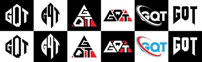gqt lettera logo design nel sei stile. gqt poligono, cerchio, triangolo, esagono, piatto e semplice stile con nero e bianca colore variazione lettera logo impostato nel uno tavola da disegno. gqt minimalista e classico logo vettore