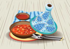 Illustrazione di Tajine di pollo Sambal servito con olive, in una bella Tagine Pot rustica vettore