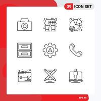 schema imballare di 9 universale simboli di contatto Ingranaggio torta cursore cassetto modificabile vettore design elementi