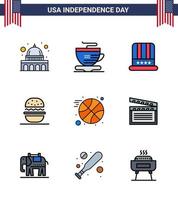 Stati Uniti d'America contento indipendenza pictogram impostato di 9 semplice piatto pieno Linee di gli sport pallacanestro berretto Stati Uniti d'America mangiare modificabile Stati Uniti d'America giorno vettore design elementi