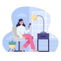 un' donna è seduta su un' sedia con un' Telefono nel sua mani su il sfondo di camera interno. il concetto di in linea ordinare, acquisti, e consegna. piatto vettore illustrazione.