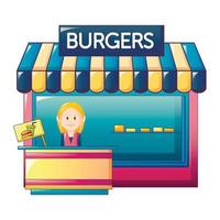 hamburger negozio icona, cartone animato stile vettore