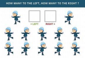 formazione scolastica gioco per bambini di conteggio sinistra e giusto immagine di carino cartone animato ragazzo giocando ghiaccio pattinando stampabile inverno foglio di lavoro vettore