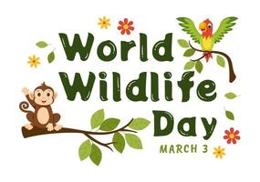mondo natura giorno su marzo 3 ° per aumentare animale consapevolezza, pianta e conserva loro habitat nel foresta nel piatto cartone animato mano disegnato modello illustrazione vettore