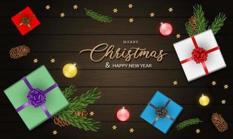 allegro Natale e contento nuovo anno verde pino foglia oro palla stelle regalo scatola su Marrone legna design per vacanza Festival celebrazione sfondo vettore