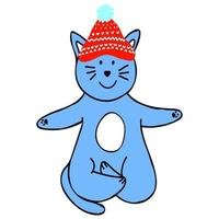 carino blu gatto nel rosso cappello Meditare nel loto posa con nuovo anno ghirlanda, mano disegnato clip arte per Natale carta, copertina disegno, manifesto, cinese zodiaco simbolo di 2023 vettore