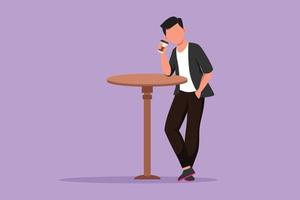 cartone animato piatto stile disegno giovane uomo In piedi a tavolo nel bar, rilassante nel caffetteria. caffè rompere mattina quotidiano concetto. potabile caldo aromatizzato caffè a ristorante. grafico design vettore illustrazione