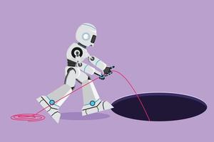 personaggio piatto disegno robot allungare su corda in buco. Tech attività commerciale opportunità, esplorazione, sfida. umanoide robot cibernetico organismo. robotica sviluppo. cartone animato design vettore illustrazione