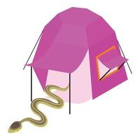 grigio serpente icona isometrico vettore. serpente vicino luminosa viola campeggio tenda icona vettore