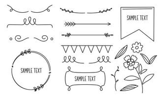 retrò linea disegno cornici, nastri, fiori, decorazioni e impianti vettore