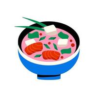 asiatico cibo miso la minestra. giapponese piatto con nemmeno io, pesce e tofu nel un' blu ciotola. tradizionale cibo vettore