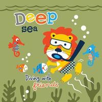 Leone immersione con amici nel in profondità mare divertente animale fumetto, vettore illustrazione