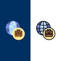 internazionale attività commerciale icone piatto e linea pieno icona impostato vettore blu sfondo