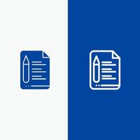 file testo formazione scolastica matita linea e glifo solido icona blu bandiera linea e glifo solido icona blu bandiera vettore