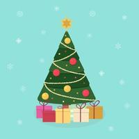 illustrazione con un' Natale albero e i regali su un' blu sfondo con i fiocchi di neve vettore