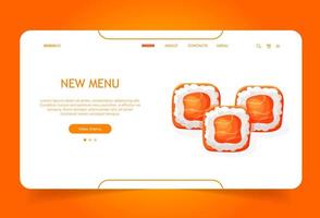 Sushi in linea negozio. homepage modello design per in linea ordinazione e consegna servizio. atterraggio pagina per frutti di mare sito web vettore