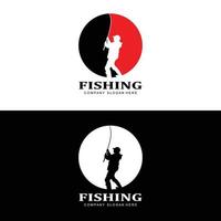 vettore icona logo pesca, pescare pesce sulla barca, design silhouette tramonto all'aperto