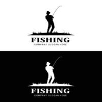 vettore icona logo pesca, pescare pesce sulla barca, design silhouette tramonto all'aperto