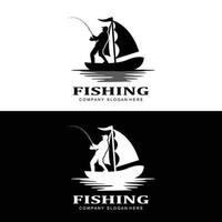 vettore icona logo pesca, pescare pesce sulla barca, design silhouette tramonto all'aperto