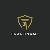 pv iniziale monogramma logo con pilastro e scudo stile design vettore