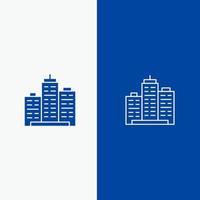 edificio architettura attività commerciale tenuta ufficio proprietà vero linea e glifo solido icona blu bandiera linea e glifo solido icona blu bandiera vettore