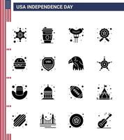 Stati Uniti d'America contento indipendenza pictogram impostato di 16 semplice solido glifi di pasto hamburger cibo polizia indagare modificabile Stati Uniti d'America giorno vettore design elementi