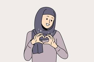 sorridente Arabo donna nel hijab mostrare cuore mano gesto Spedire amore e cura. contento arabo femmina sentire grato e grato. gratitudine concetto. vettore illustrazione.