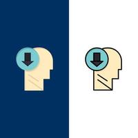 freccia testa umano conoscenza giù icone piatto e linea pieno icona impostato vettore blu sfondo
